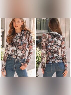 NWOT DeaLmore Semi-sheer Floral Mock Neck Long Sleeve Layering Blouse Medium